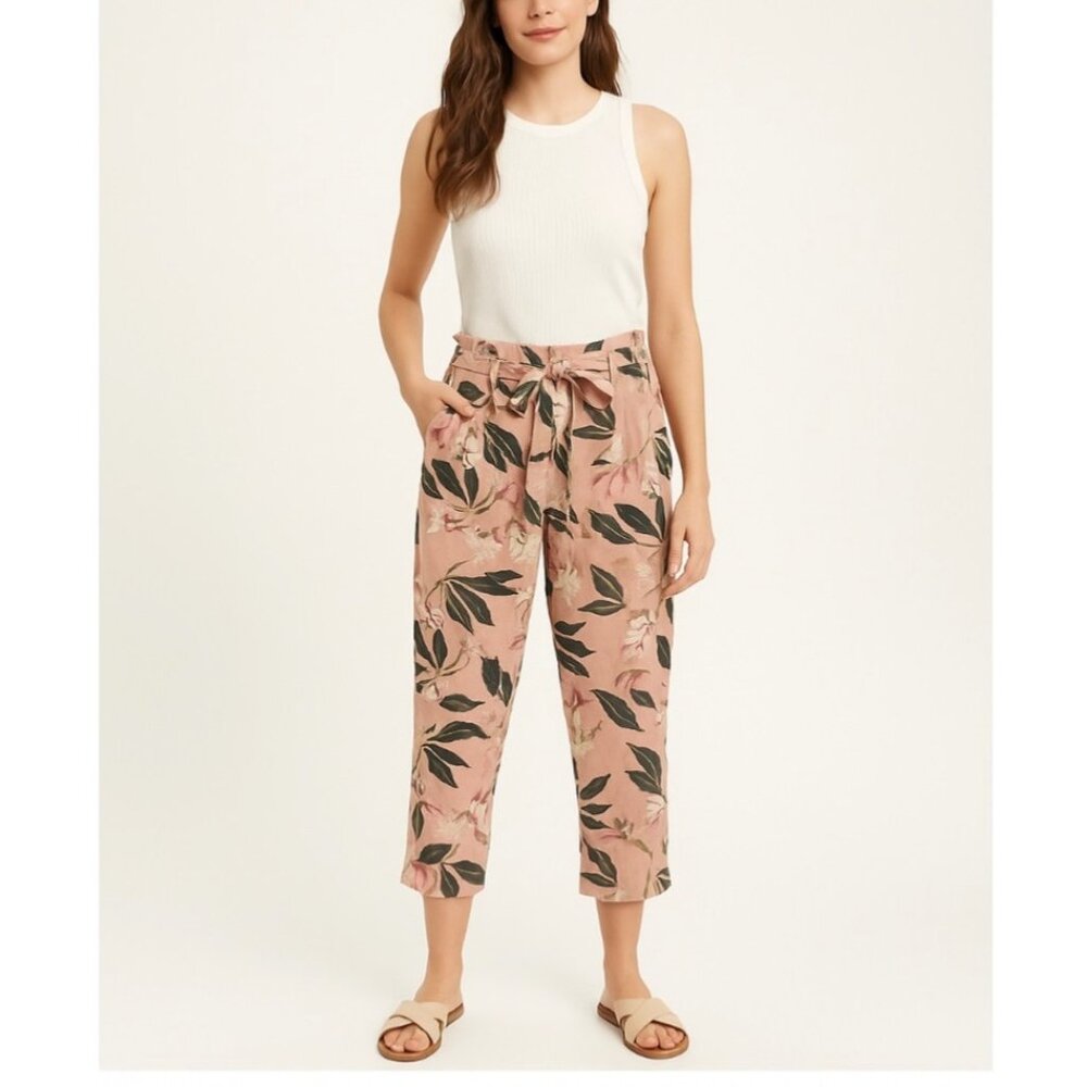 Jules & Leopold LINEN Pants Women’s Size M Floral Tropical Cropped Tie Waist Sum